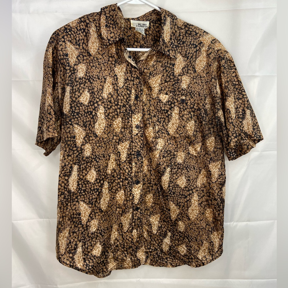 EUC Vintage Metro Express women’s brown tan print button front 100% silk shirt M
